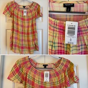 Torrid 4x Crinkle Gauze Plaid Yellow Smocked Blouse